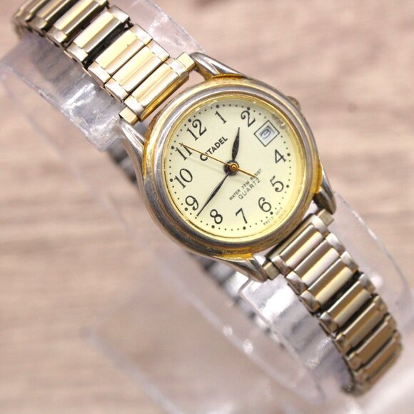 Vintage Citadel Watch Womens Gold Tone Stainless Steel Classic Beige Date Dial - Picture 1 of 8